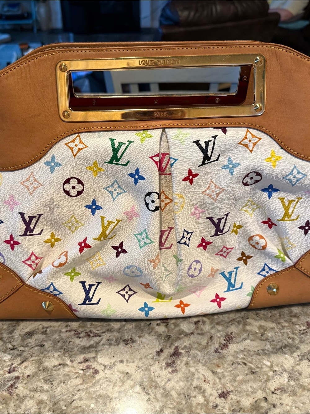 Louis Vuitton Judy Multicolor Monogram White Canvas Tote with Tan Trim
